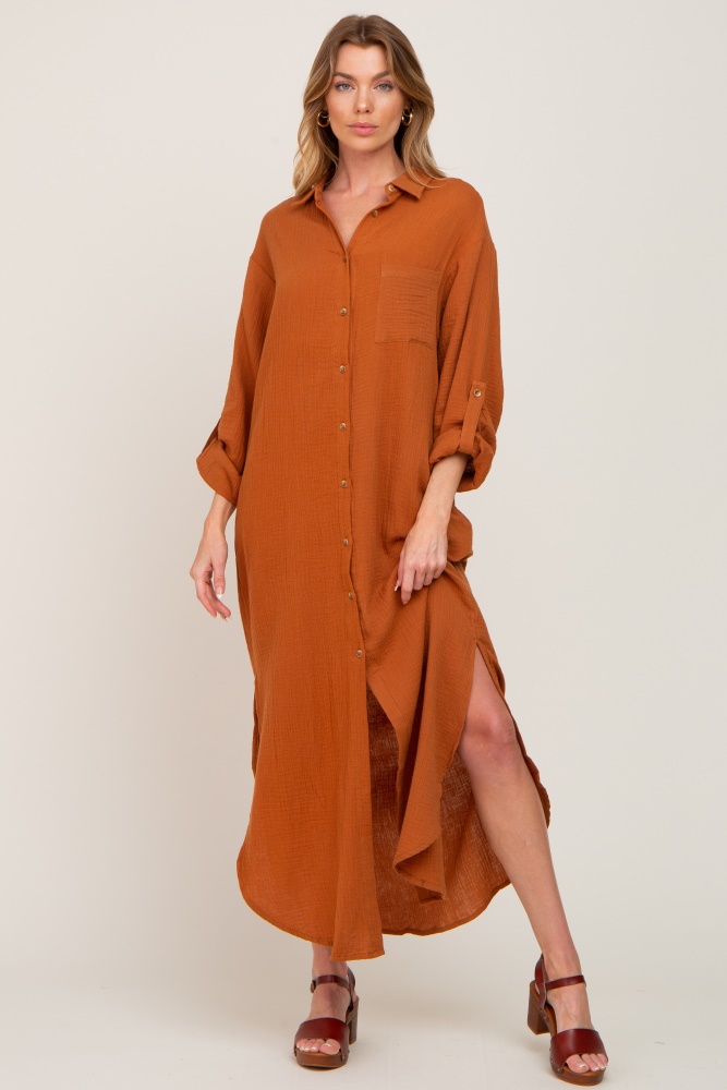 camel button down 3/4 sleeve midi dress