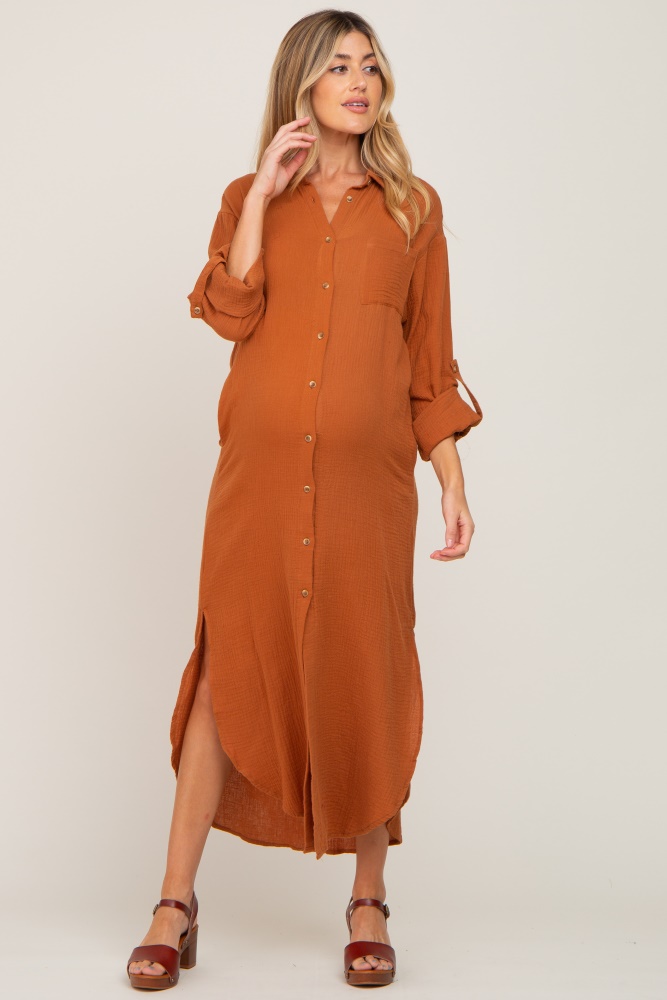 camel button down 3/4 sleeve maternity midi dress