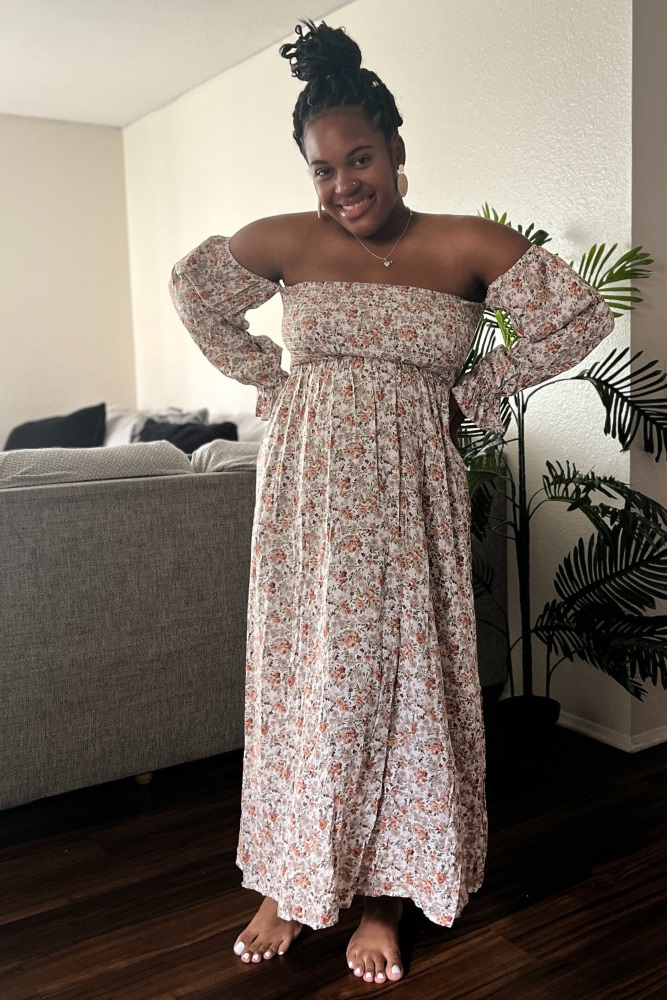 Taupe Floral Off Shoulder Long Sleeve Maxi Dress – PinkBlush