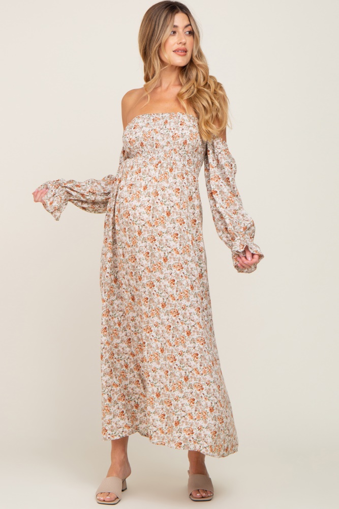 taupe floral off shoulder long sleeve maternity maxi dress