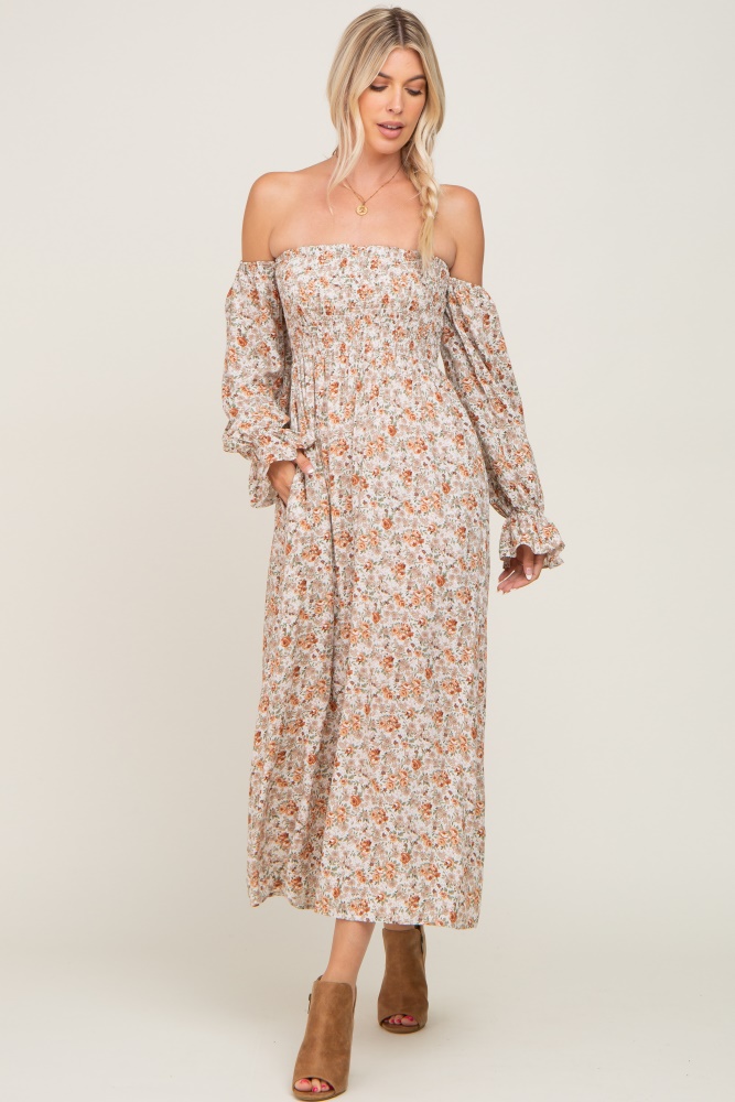 taupe floral off shoulder long sleeve maxi dress