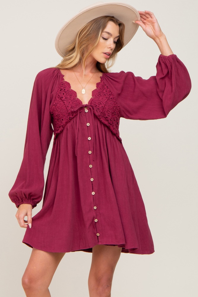 burgundy crochet lace button front dress