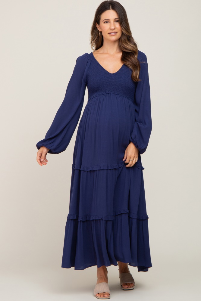 navy blue smocked tiered maternity midi dress