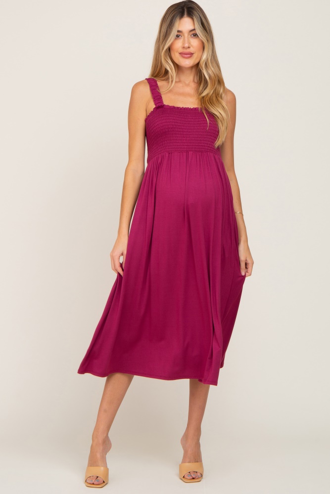 magenta smocked ruffle strap maternity midi dress