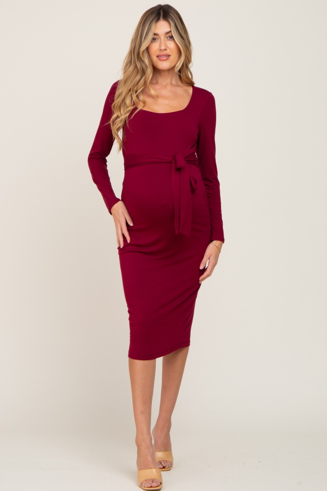 burgundy basic square neck maternity midi dress