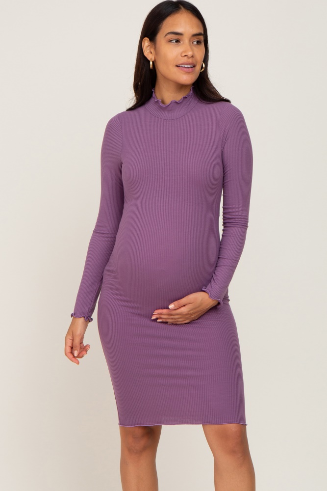 purple ribbed mock neck maternity dress