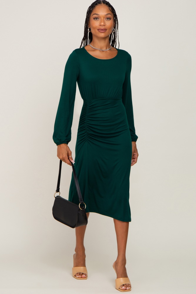 hunter green long sleeve ruched midi dress