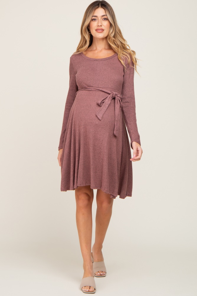 mauve soft rib knit sash tie maternity dress