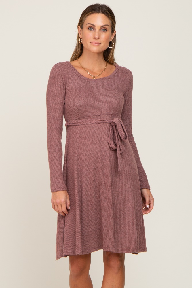 mauve soft rib knit sash tie dress