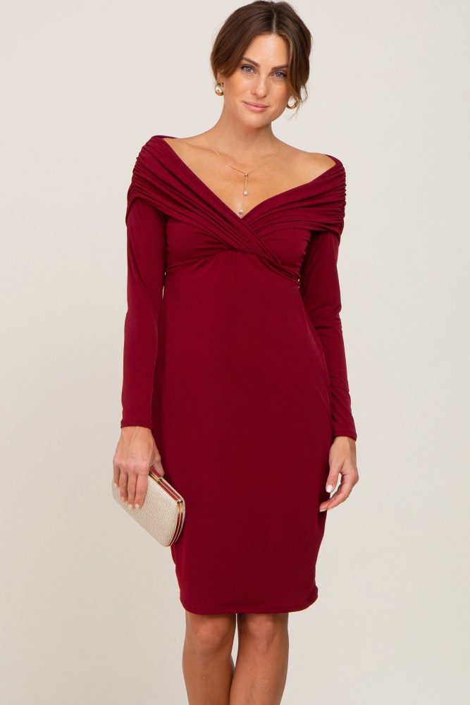 burgundy ruched off shoulder long sleeve dress