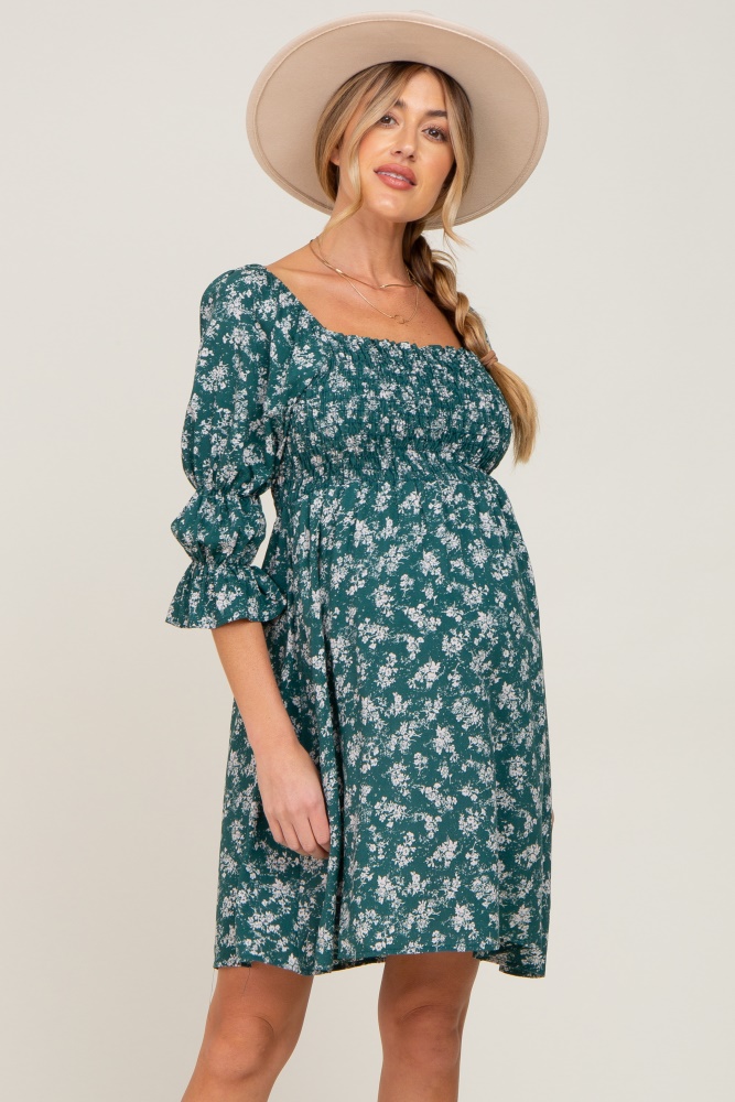 forest green floral ruffle sleeve smocked maternity dress