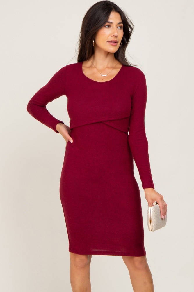 burgundy brushed knit long sleeve wrap nursing dress