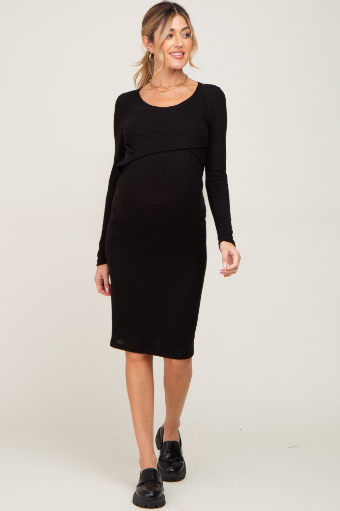 black brushed knit long sleeve maternity wrap nursing dress