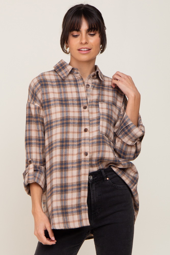 navy plaid button up front pocket top
