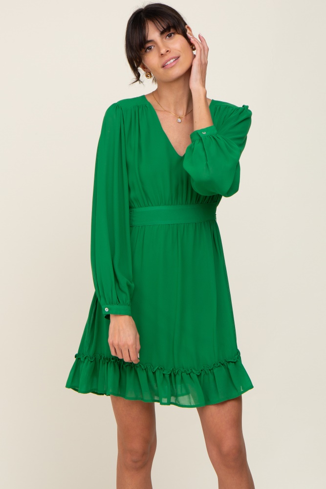 Green Chiffon Ruffle Accent Mini Dress