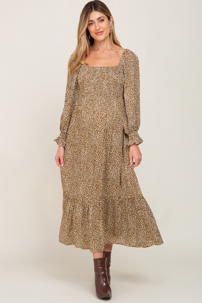 mocha leopard print square neck smocked maternity midi dress