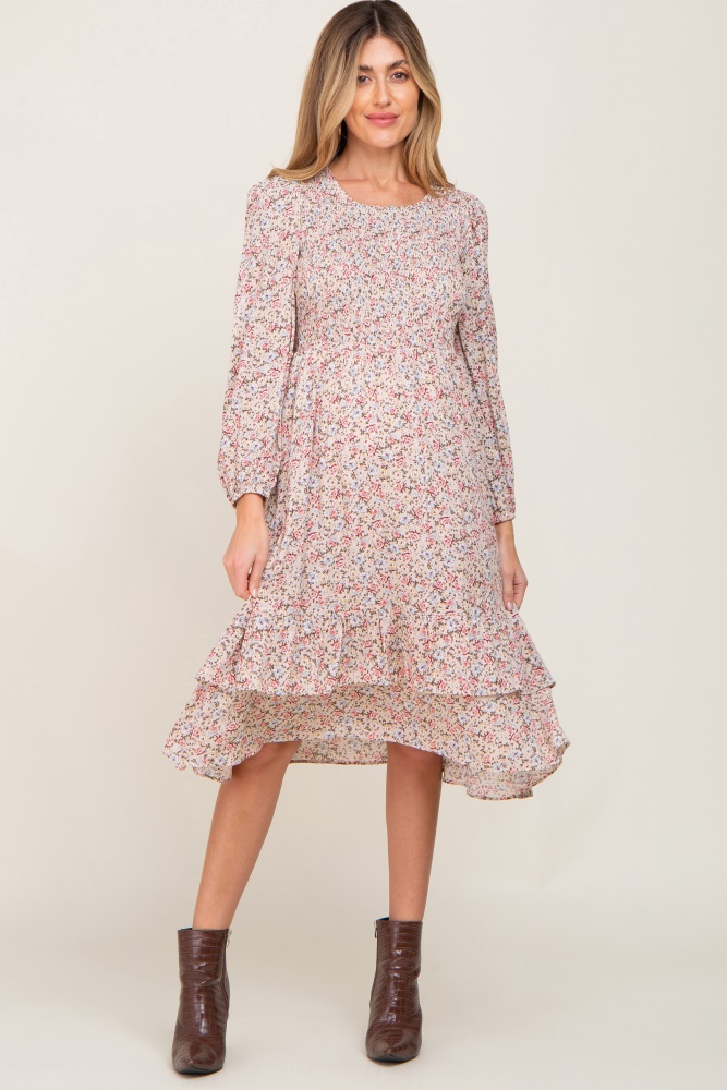 pink floral smocked long sleeve maternity midi dress