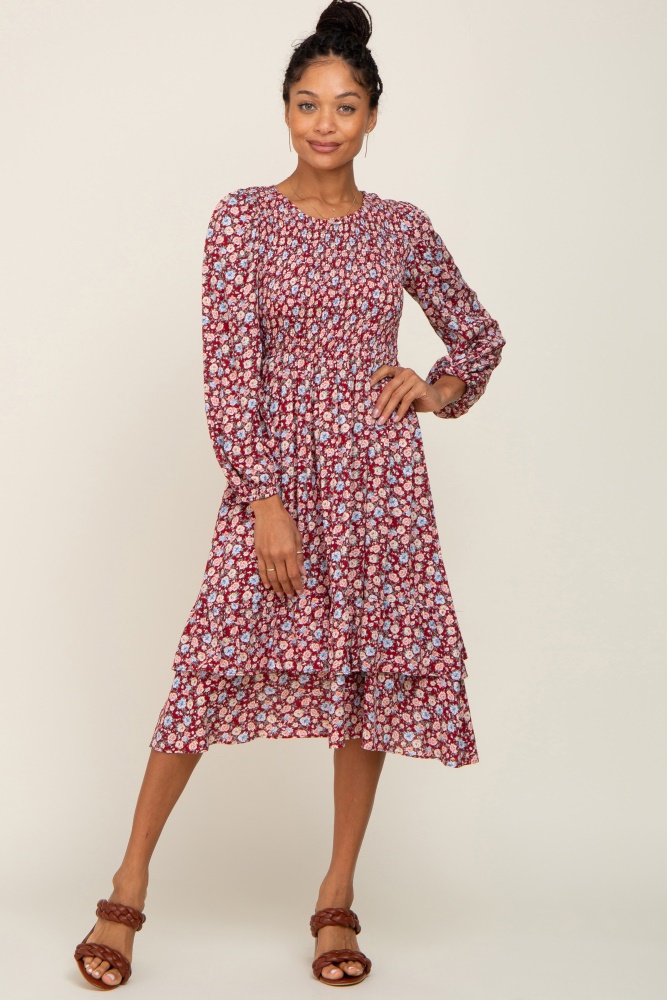 burgundy floral smocked long sleeve midi dress