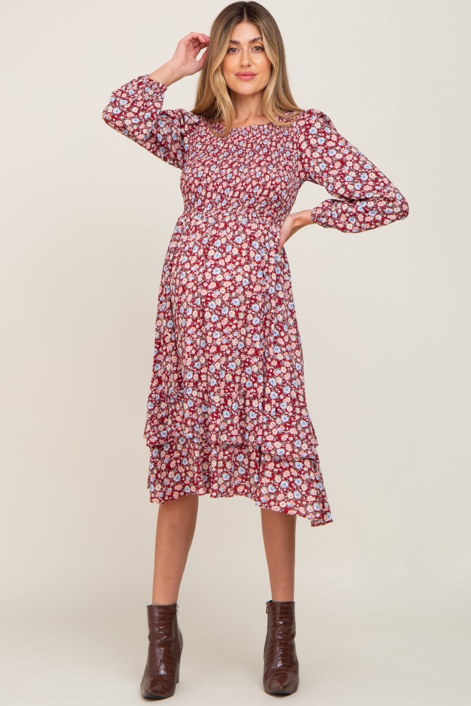 burgundy floral smocked long sleeve maternity midi dress