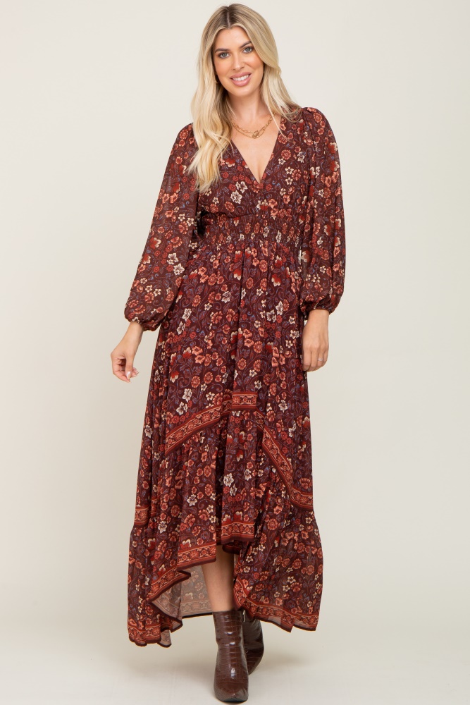 brown floral hi-lo train maxi dress