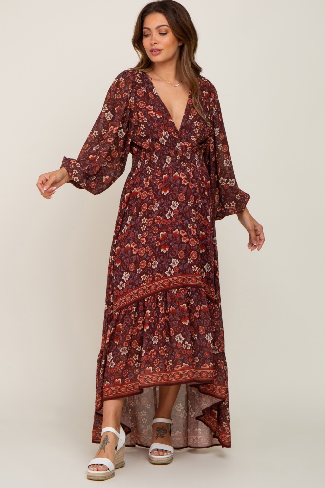 brown floral hi-lo train maternity maxi dress