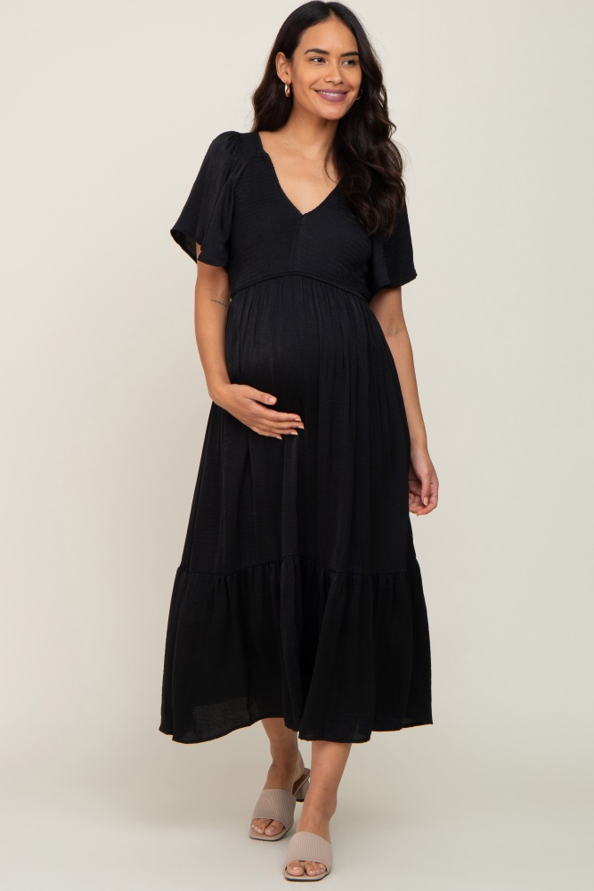 black satin smocked maternity midi dress