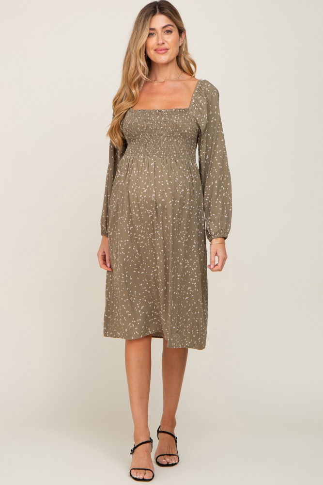 olive printed long sleeve maternity midi dress