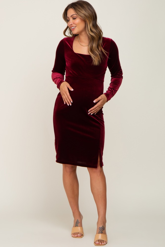 burgundy velvet long sleeve side slit maternity dress