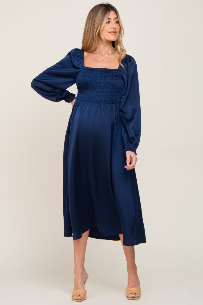 navy blue smocked square neck satin maternity midi dress