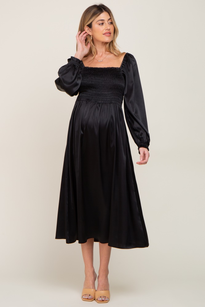 black smocked square neck satin maternity midi dress