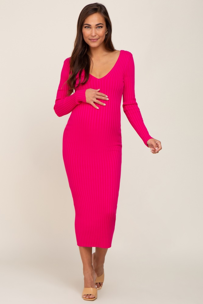 fuchsia v-neck long sleeve fitted maternity maxi dress