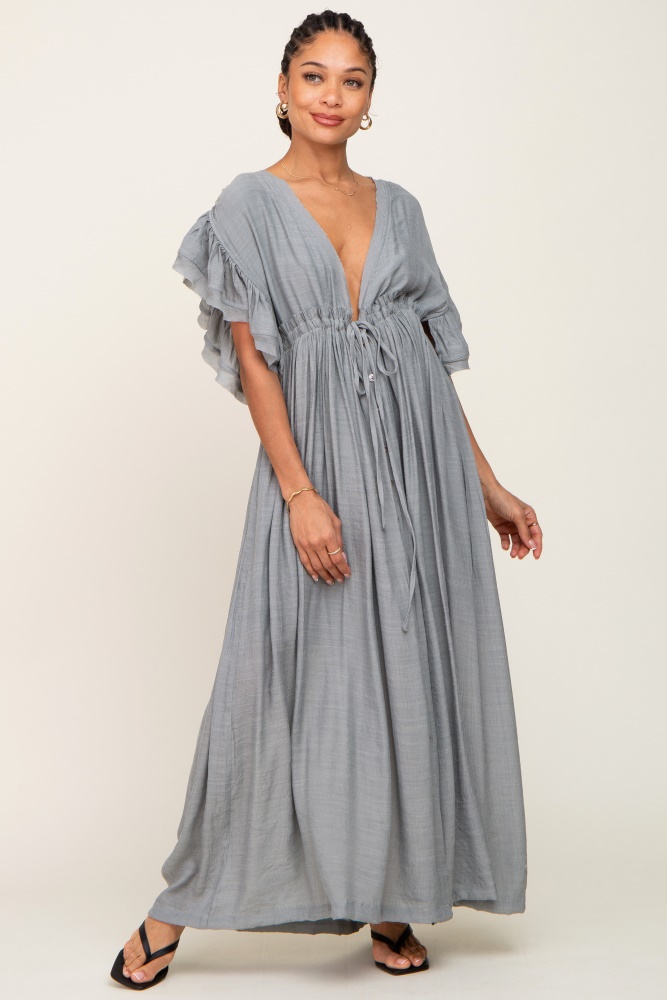 grey deep v-neck button down maxi dress