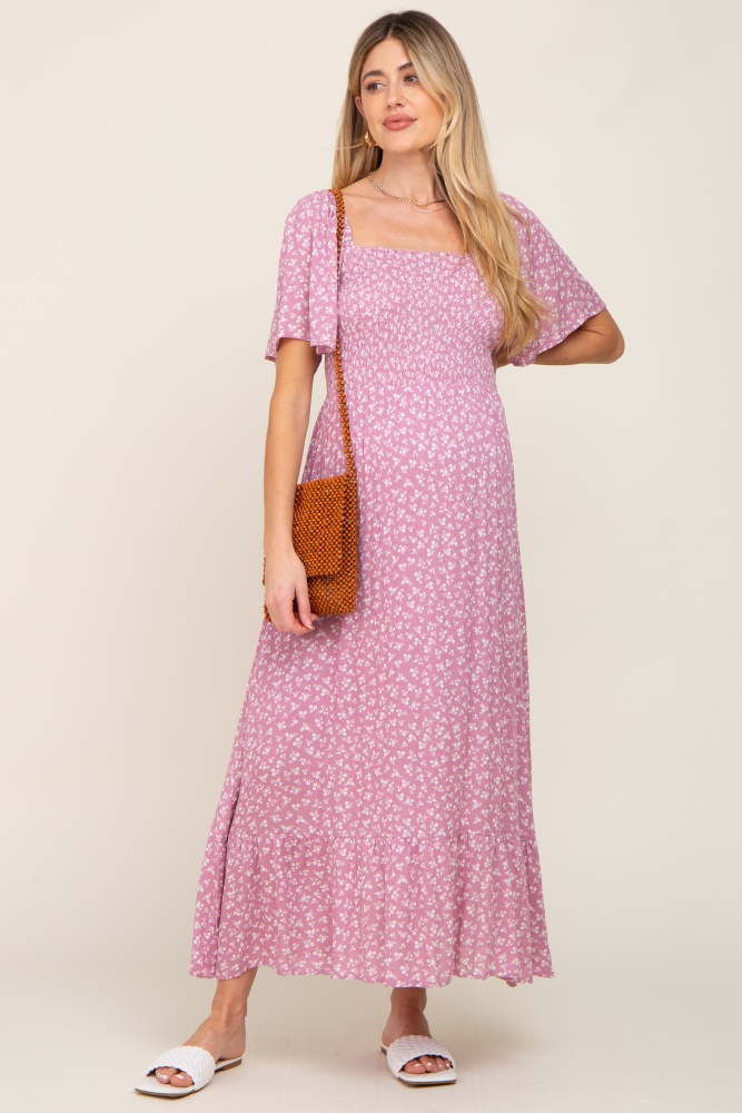 pink floral smocked maternity midi dress