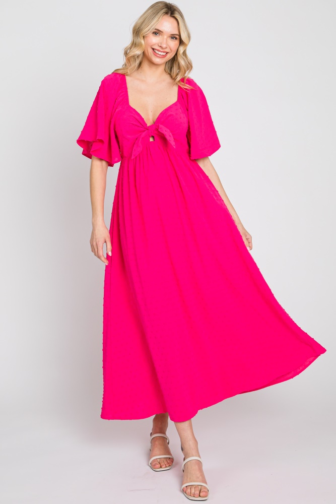 fuchsia textured dot front tie ruffle sleeve midi dress