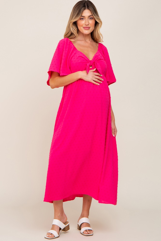 fuchsia textured dot front tie ruffle sleeve maternity midi dress