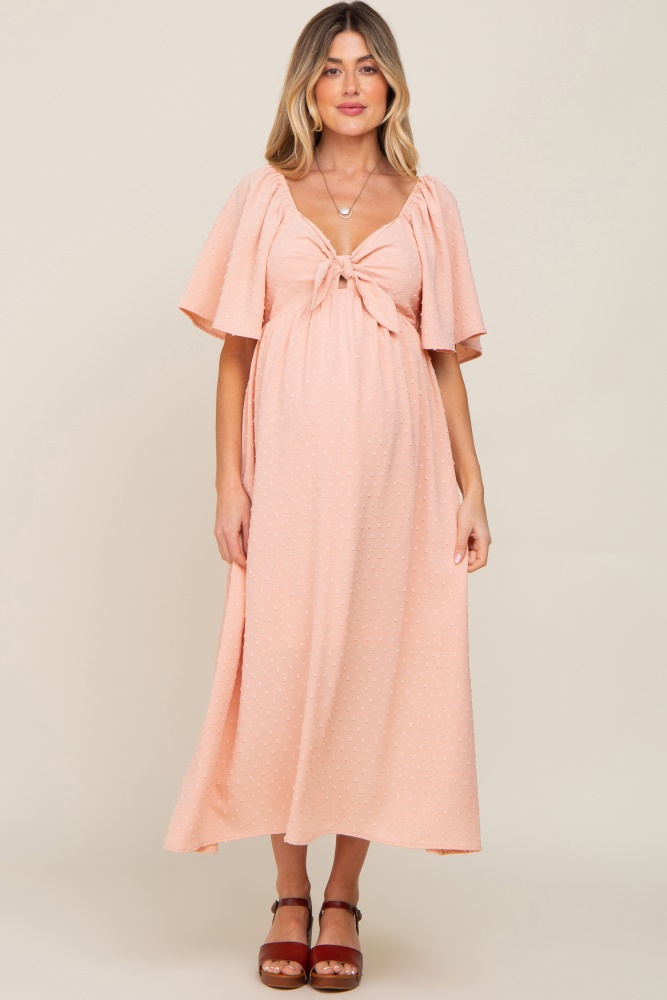 peach textured dot front tie ruffle sleeve maternity midi dress