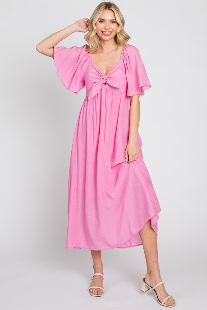 pink front tie ruffle sleeve midi dress