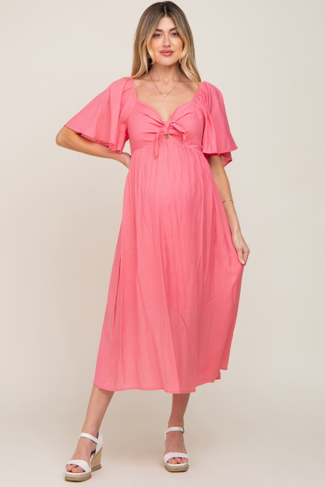 coral front tie ruffle sleeve maternity midi dress