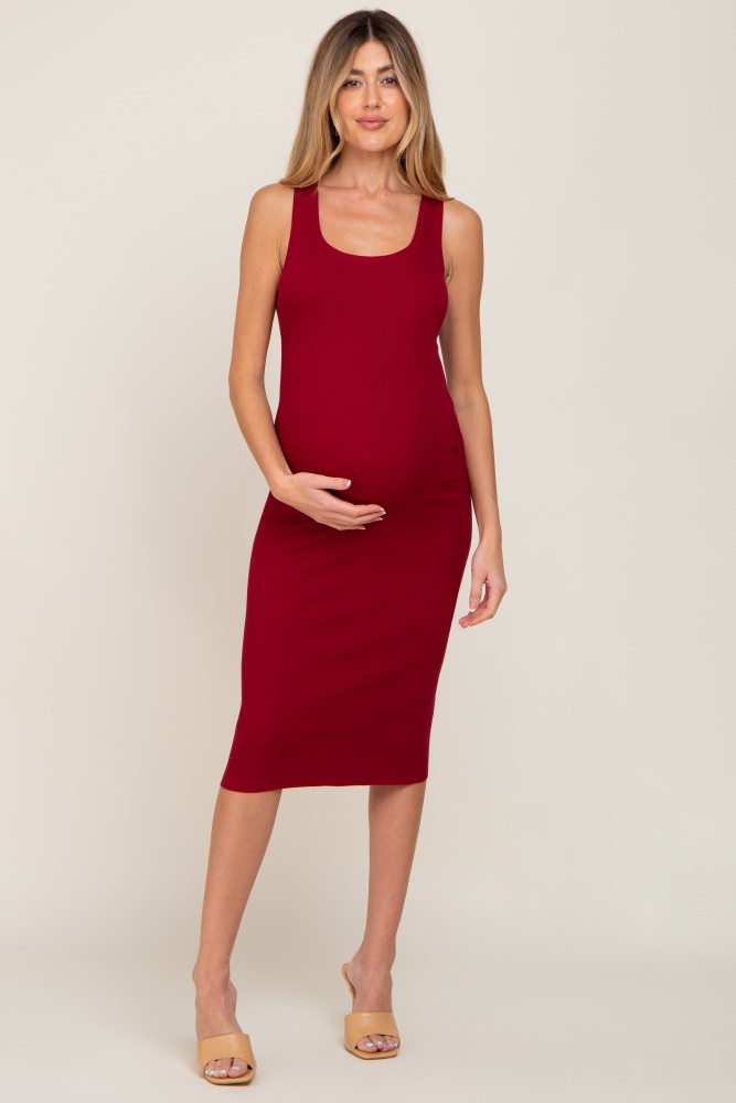 burgundy fitted knit maternity midi dress