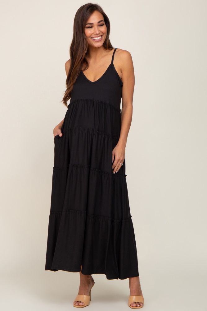 black tiered sleeveless maternity maxi dress