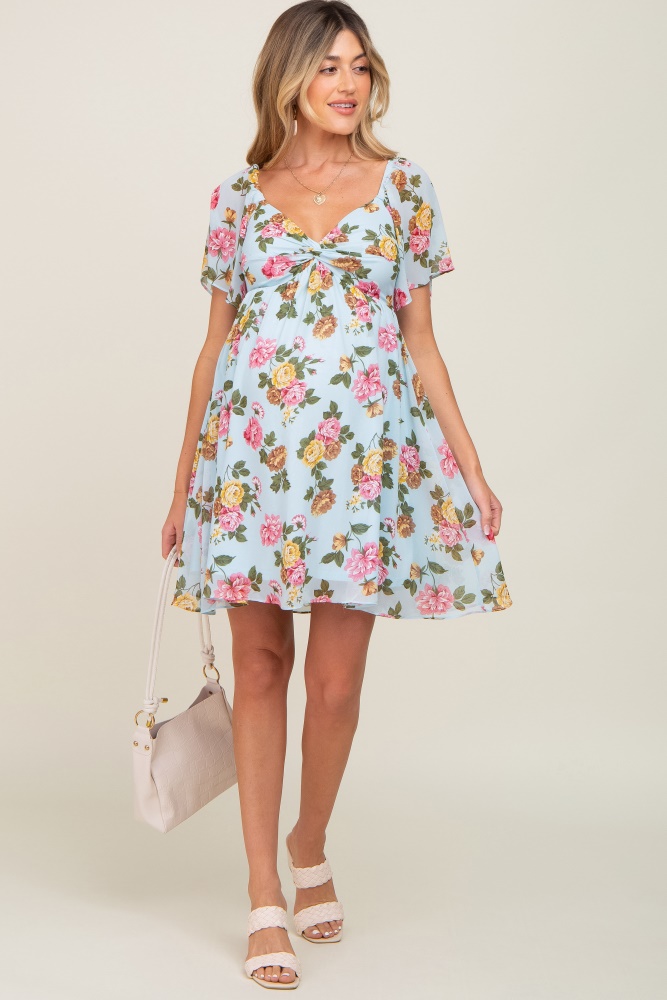 light blue floral chiffon sweetheart neck maternity dress