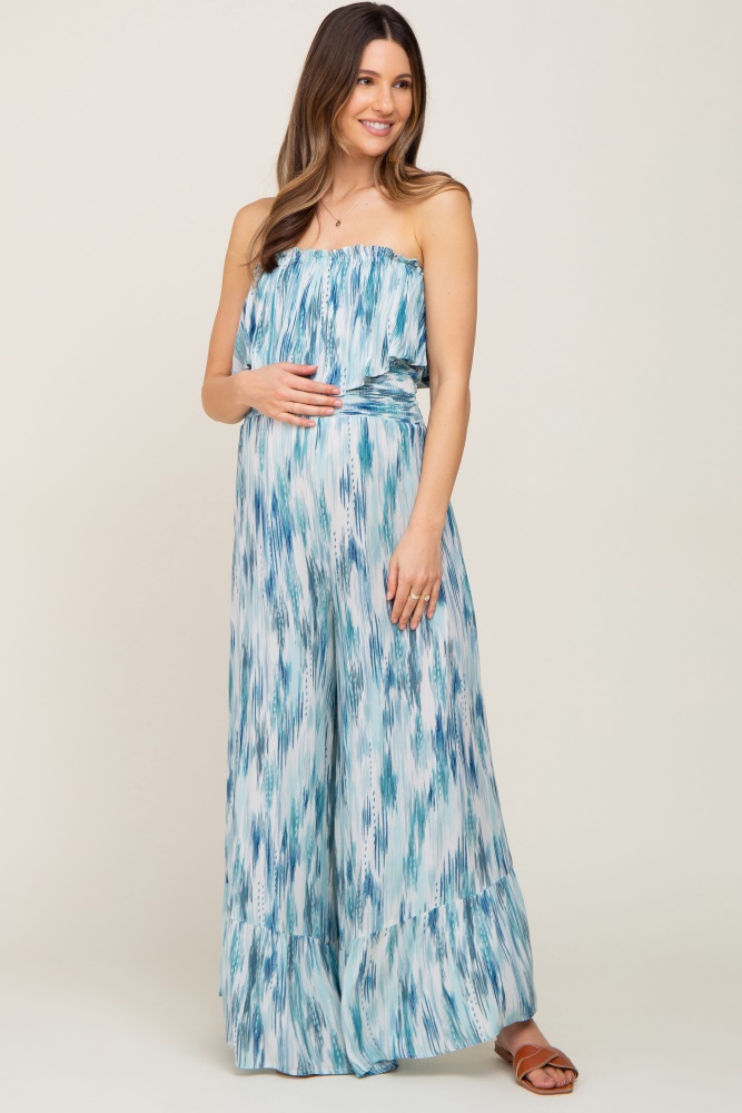 Blue Printed Sleeveless Flounce Maternity Jumpsuit
