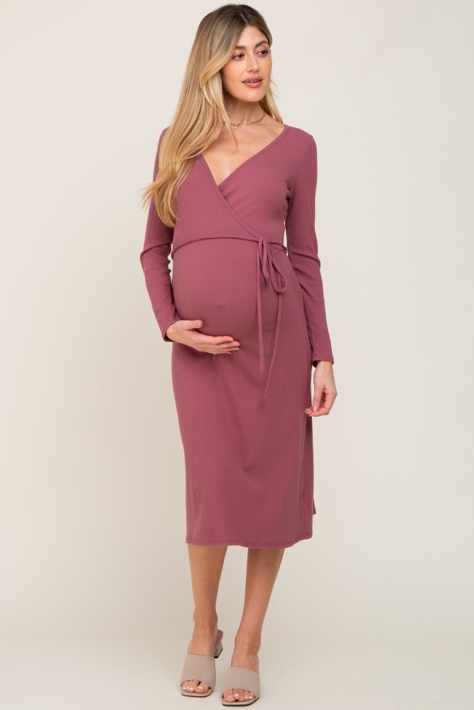 mauve rib knit long sleeve maternity wrap midi dress