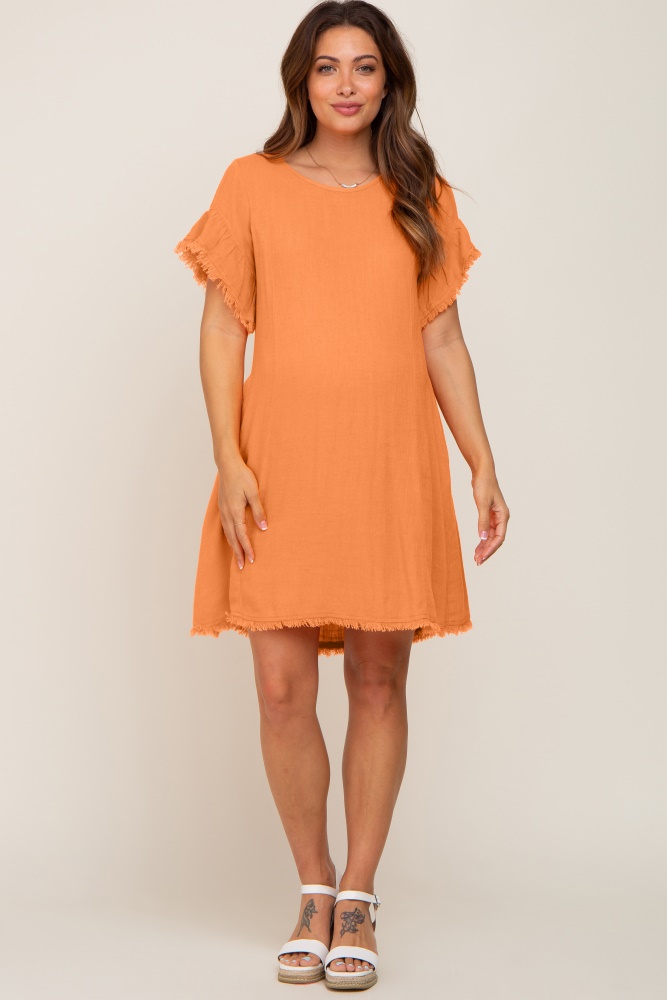 orange frayed trim back keyhole linen maternity dress