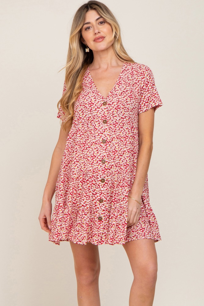 red floral button down tiered maternity dress