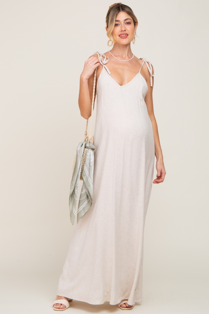 beige linen v-neck tie strap maternity maxi dress