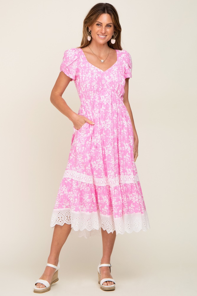 pink floral pleated eyelet trim midi dress