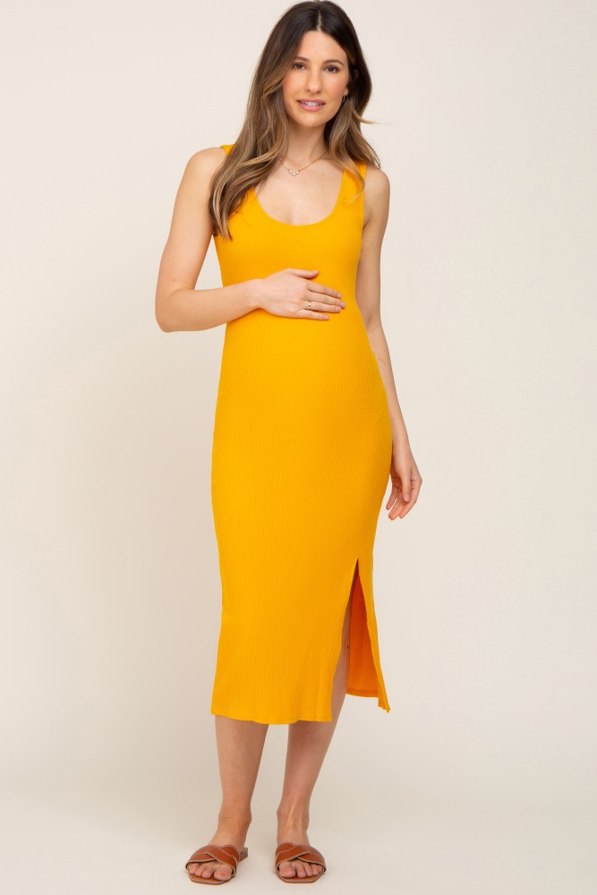 yellow ribbed back cutout maternity midi dress