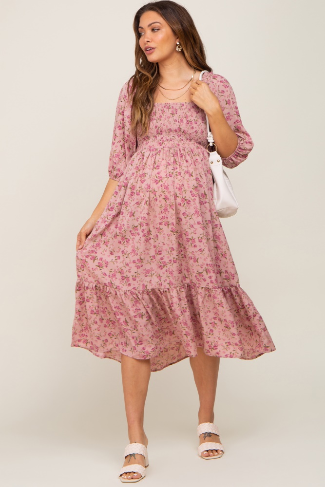 pink floral smocked maternity midi dress