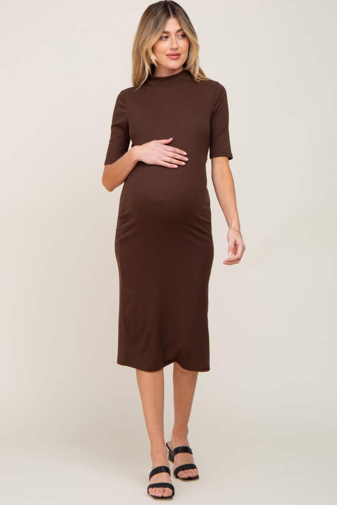 brown ribbed mock neck maternity midi dress